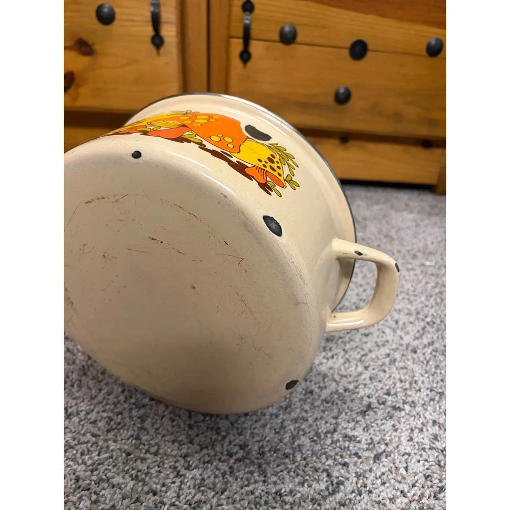 Vintage 70s Enamelware Merry Mushroom Pot Retro